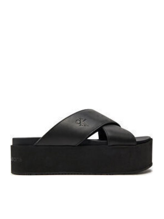 Leather Women's Flat Sandals Flatforms in Black Color
