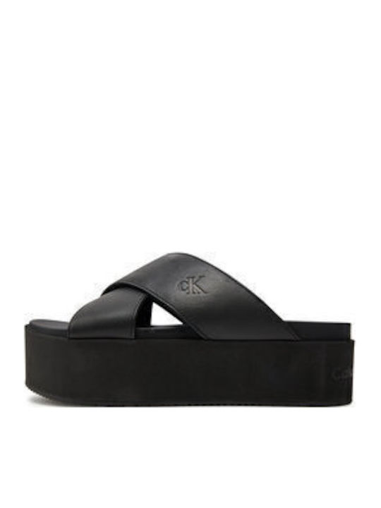 Leather Women's Flat Sandals Flatforms in Black Color