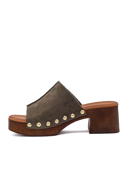 Leather Mules with Chunky Heel in Khaki Color