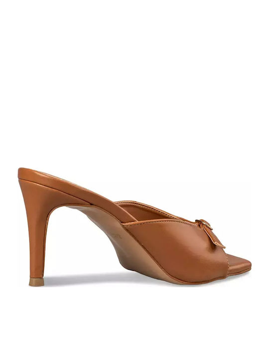 Leather Mules with Thin Heel in Brown Color