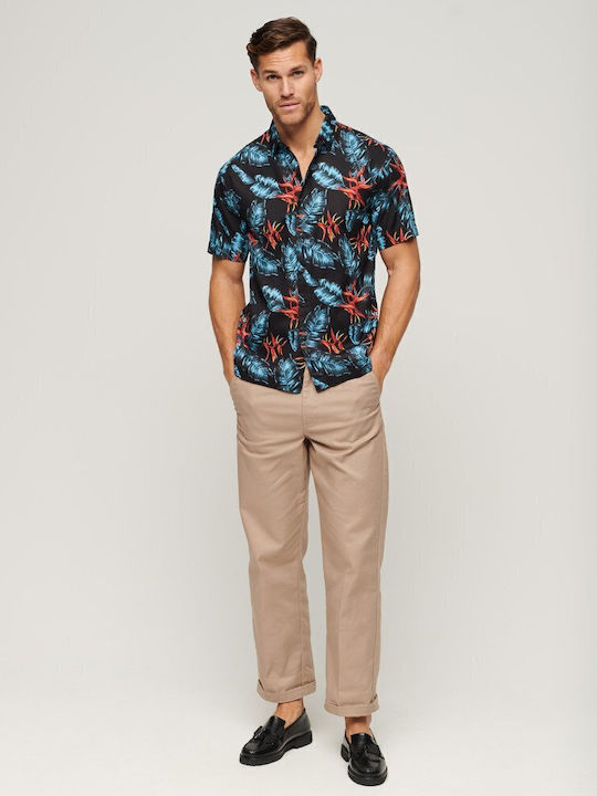 HAWAIIAN Short-sleeved Cotton Shirt Floral Darkblue