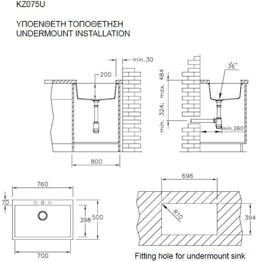 Duralit KZ075U-300 Υποκαθήμενος από Συνθετικό Γρανίτη Μ76xΠ50cm Bianco