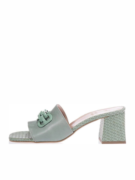 Leather Mules with Chunky Low Heel in Turquoise Color