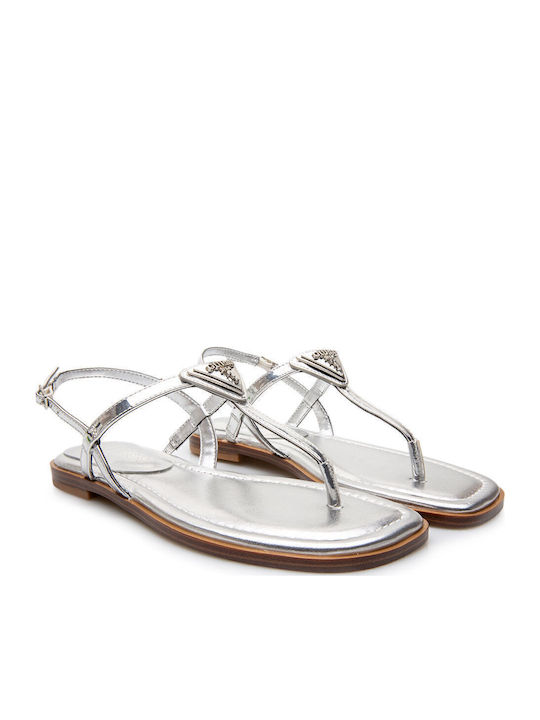 Leder Flache Sandalen für Damen mit Riemen in Silber Farbe