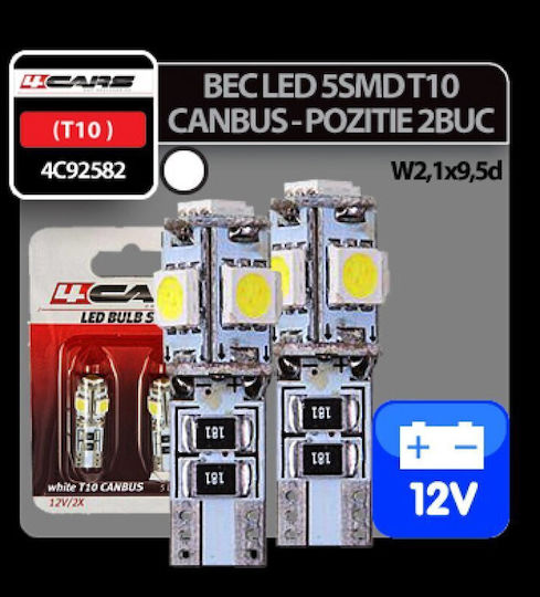 4cars Lămpi Autoturismului T10 Canbus LED Alb 12V 2buc