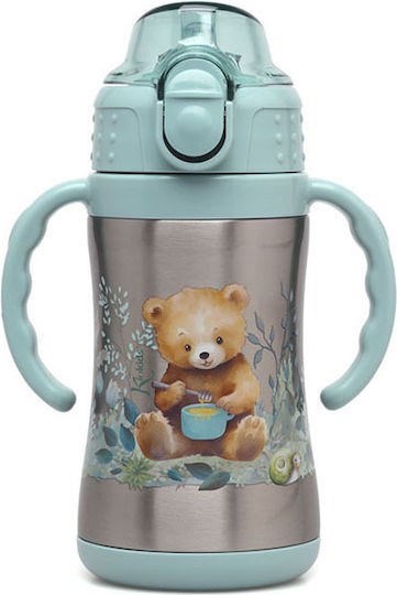 Kiokids Little Bear Kids Water Bottle Thermos Stainless Steel With Straw Green 280ml