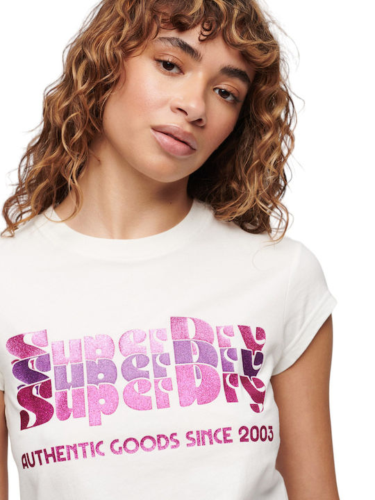 Superdry W D2 Ovin Retro Glitter Logo Femeie Tricou Ecru
