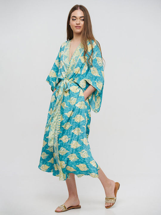 Blue Long Kimono with Belt Turquoise with Leaves and Gold Details One Size (100% Crepe) cm 5-41-348-0759