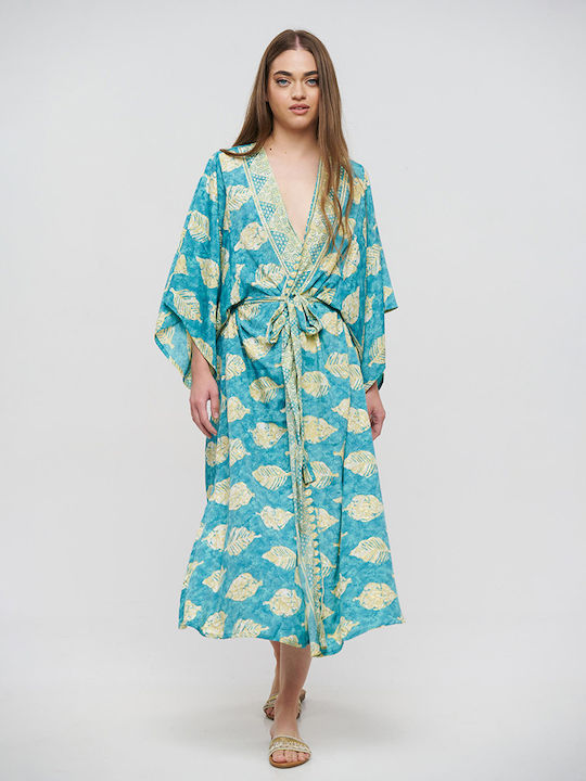 Blue Long Kimono with Belt Turquoise with Leaves and Gold Details One Size (100% Crepe) cm 5-41-348-0759
