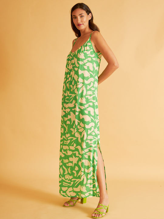 Harmony Women's Viscose Dress with Straps and Ruched Maxi Green Leaves (33-506632-type) Green