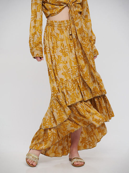 Ble Skirt Long Asymmetrical With Volan Brown/Mustard With Gold Details S/m (100% Crepe)cm 5-41-348-0806