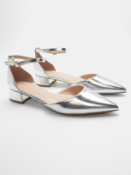 Luigi Synthetic Leather Pointed Toe Silver Low Heels with Strap