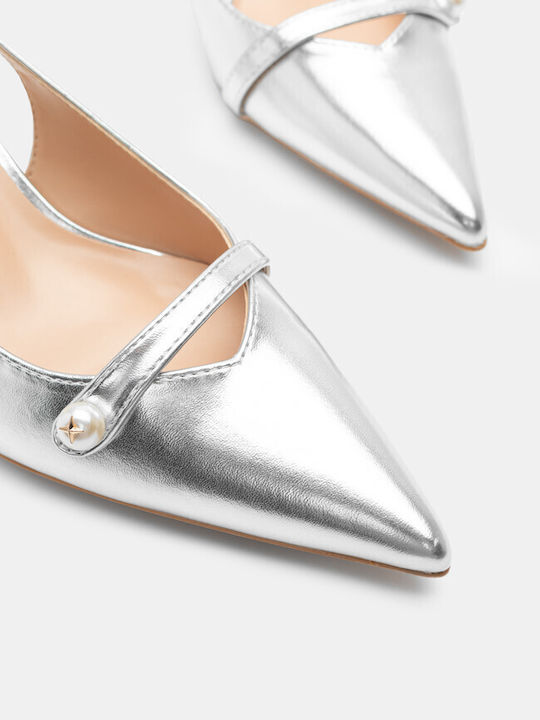 Luigi Synthetic Leather Pointed Toe Silver Medium Heels