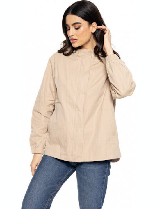 Women's Short Lifestyle Jacket for Winter with Hood Beige