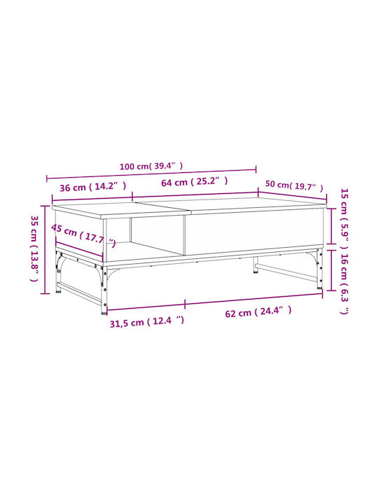 Rectangular Central Wooden Coffee Table with Lifting Mechanism Oak M100xW50xH35cm