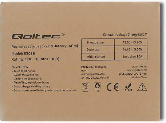 Qoltec Μπαταρία UPS με Χωρητικότητα 100Ah και Τάση 12V 53038 1τμχ