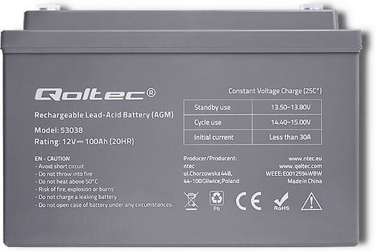 Qoltec Μπαταρία UPS με Χωρητικότητα 100Ah και Τάση 12V 53038 1τμχ