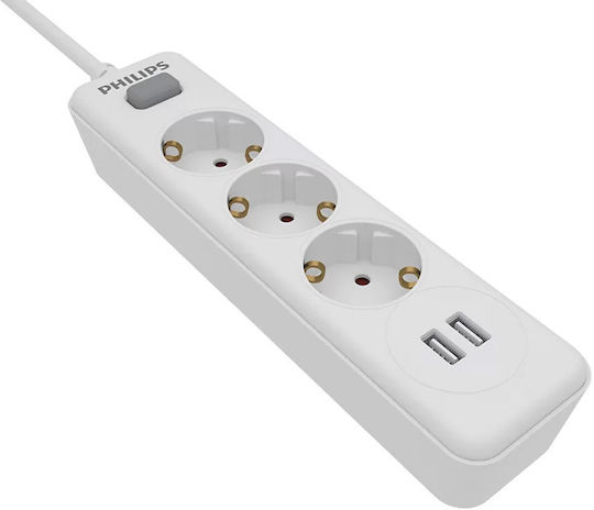 Philips Πολύπριζο 3 Θέσεων με 2 USB-A και Καλώδιο 2m
