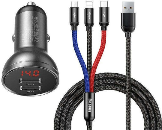 Baseus Φορτιστής Αυτοκινήτου 24W 4.8A με Θύρες: 2xUSB μαζί με Καλώδιο Type-C / Lightning / Micro-USB Μαύρος
