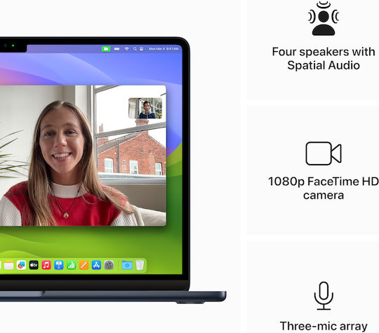 Apple MacBook Air 13" (2024) 13.6" Retina Display (M3-8-ядрен/8GB/256GB SSD/8-Core GPU) с 30W Зарядно устройство Космическо Сиво (Международен Английски Език Клавиатура)