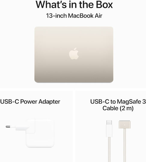 Apple MacBook Air 13" (2024) 13.6" Retina Display (M3-8-Core/8GB/256GB SSD/8-Core GPU) με Φορτιστή 30W Starlight (International English Keyboard)