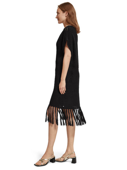 Pointelle Stitch Fringing Καλοκαιρινό Mini Φόρεμα Πλεκτό Μαύρο