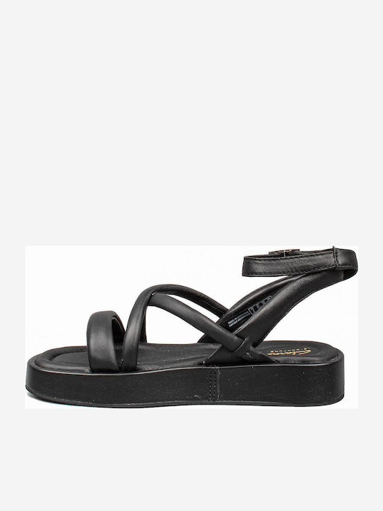 Alda Leather Women's Flat Sandals with Strap in Black Color