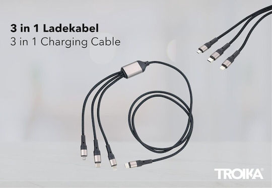 Troika Regular USB to Lightning / Type-C / micro USB Cable Μαύρο 1.2m