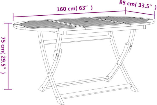 Outdoor Dinner Foldable Wood Table Natural 160x85x75cm
