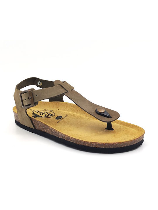 Plakton Apure Leather Women's Flat Sandals in Khaki Color