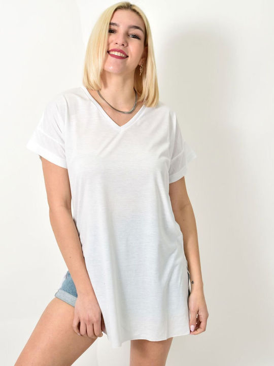 First Woman Women's Blouse Short Sleeve with V Neck White