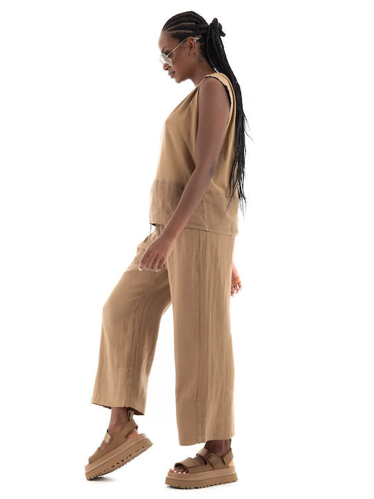 Deha Women's Summer Blouse Linen Sleeveless Almond Brown