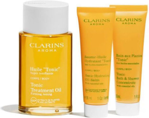Clarins Aceite Corporal Tonic Lote 4 Pcs Λάδι Σώματος 100 Ml + Αφρόλουτρο 30 Ml + Ενυδατικό Βάλσαμο 30 Ml + Νεσεσέρ