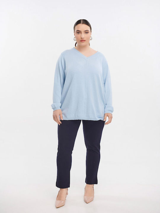 Jucita Women's Long Sleeve Sweater Cotton with V Neckline Light Blue