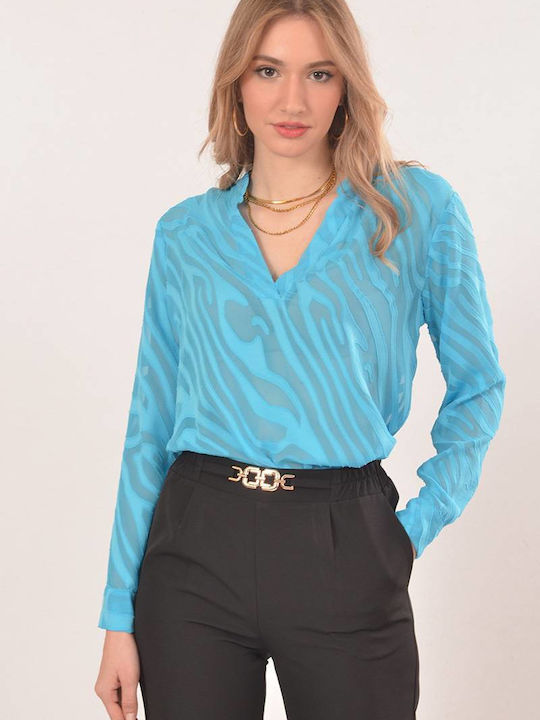 Tweet With Love Women's Blouse Long Sleeve with V Neckline Sky Blue