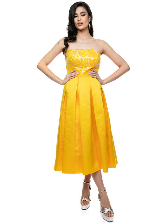RichgirlBoudoir Midi Evening Dress Strapless with Lace Yellow