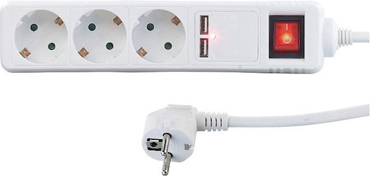 Πολύπριζο 3 Θέσεων με 2 USB-A, Διακόπτη και Καλώδιο 5m