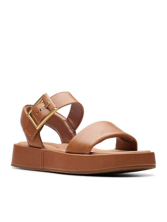 Alda Leather Women's Flat Sandals with Strap Flatforms in Tabac Brown Color