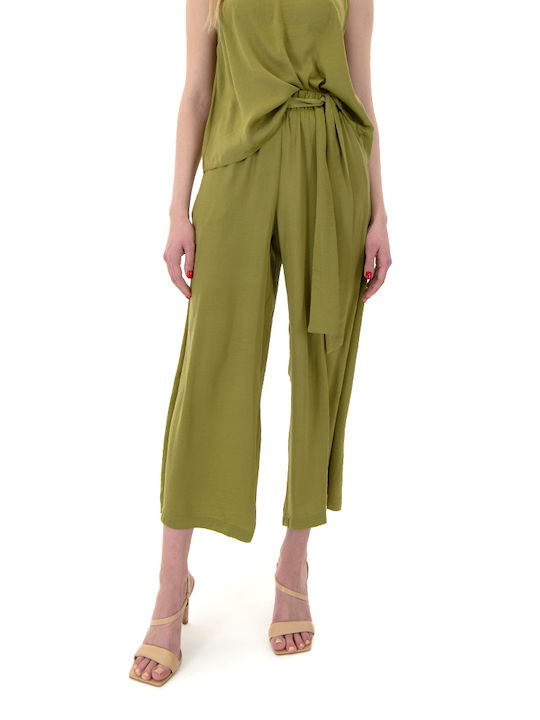 Moutaki Women's High-waisted Fabric Trousers with Elastic in Wide Line khaki