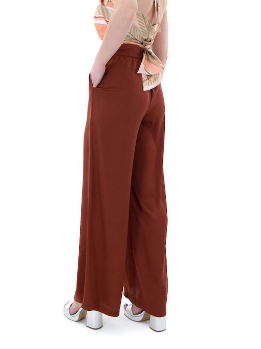 Damen Hoch tailliert Stoff Hose in Weiter Linie Chocolate