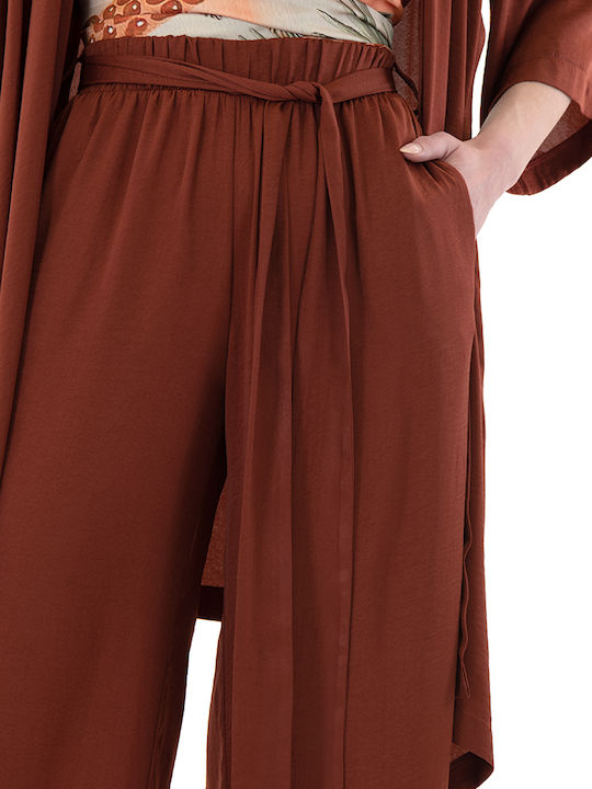 Damen Hoch tailliert Stoff Hose in Weiter Linie Chocolate