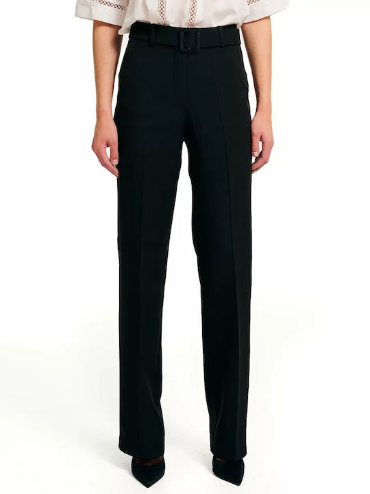 Forel Women's High-waisted Fabric Trousers in Straight Line Black