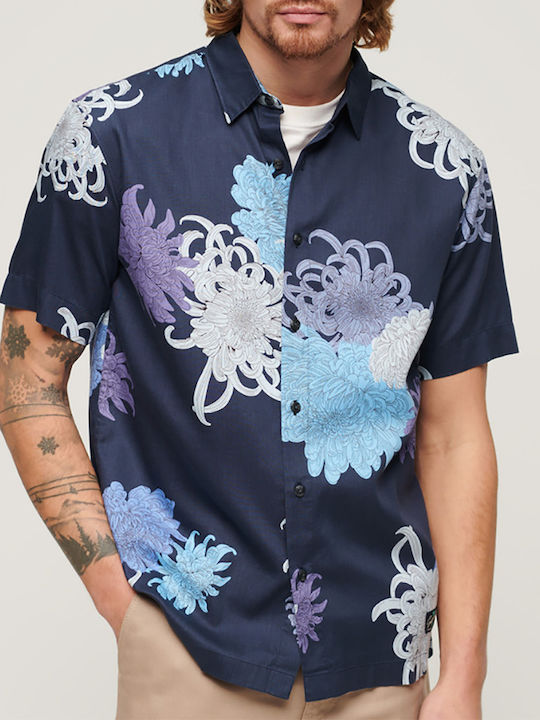 Superdry D3 Ovin Hawaiian Men's Shirt Short Sleeve Cotton Navy Blue