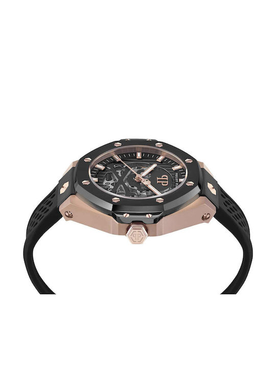 Philipp Plein Skeleton Herrenuhr mit Batterie und schwarzem Gummiarmband