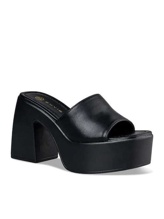Mules with Chunky High Heel in Black Color