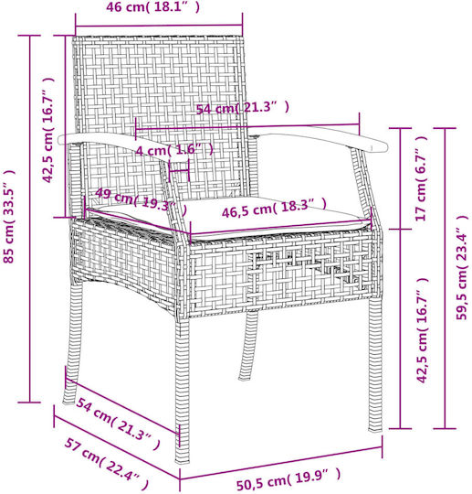 Outdoor-Stuhl Rattan Black mit Kissen 2Stück 46.5x49x85εκ.