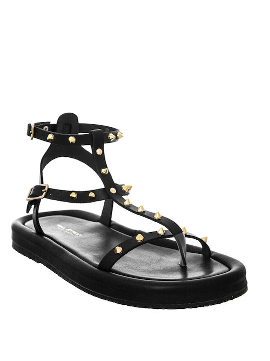 Wall Street Leder Damen Flache Sandalen in Schwarz Farbe