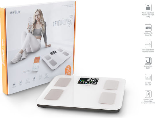 AMILA Fitbody 5 Smart Bathroom Scale with Body Fat Counter & Bluetooth White