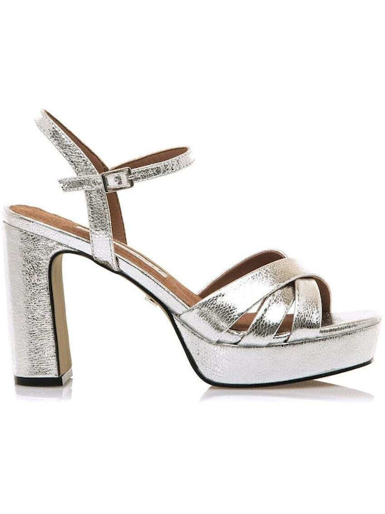 Maria Mare Leather Women's Sandals Silver with High Heel