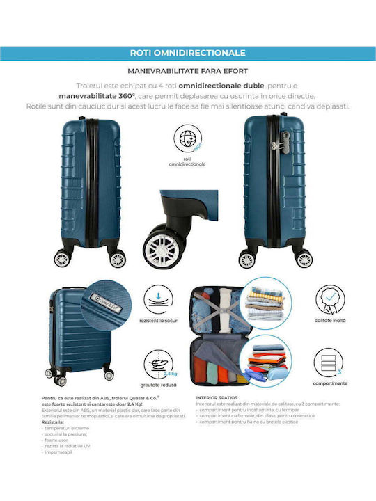 Quasar Line Cabin Travel Suitcase Hard Petrol Blue with 4 Wheels Height 55cm